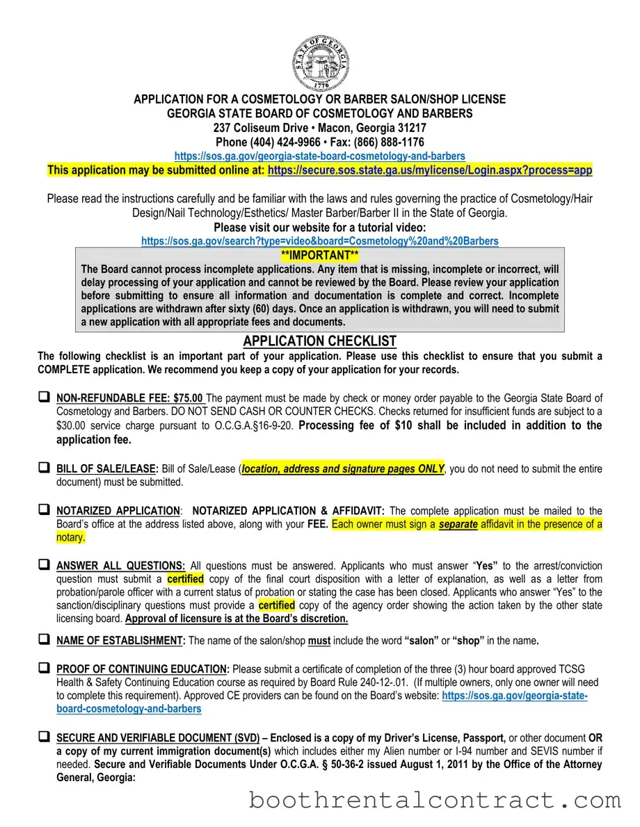 Fill in Your Salon License Ga Template